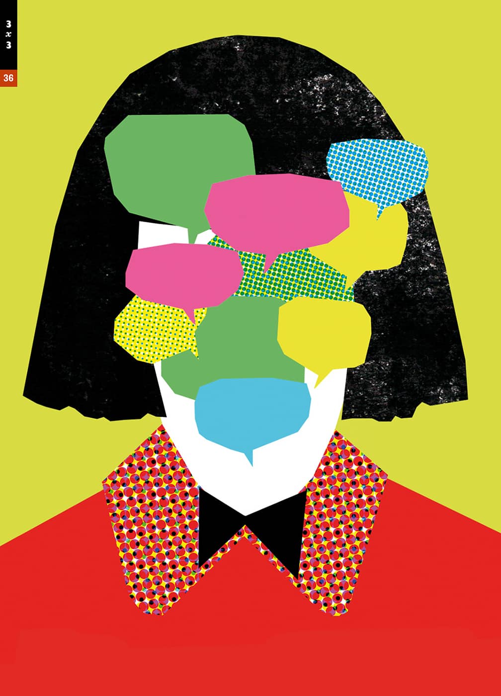 Graphic illustration of a person whose face is covered with multiple text bubbles.